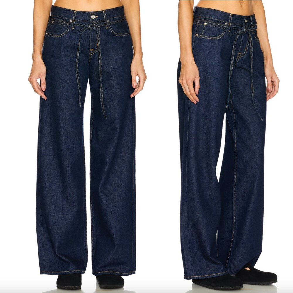 NEW SLVRLAKE Mica Belted Wide Leg Jeans in Midnight Blue Denim Straight Leg 29